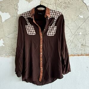 Y2K Western Shirt Gingham Pockets Faux Leather Trim Snap Front Cowgirl Women XXL